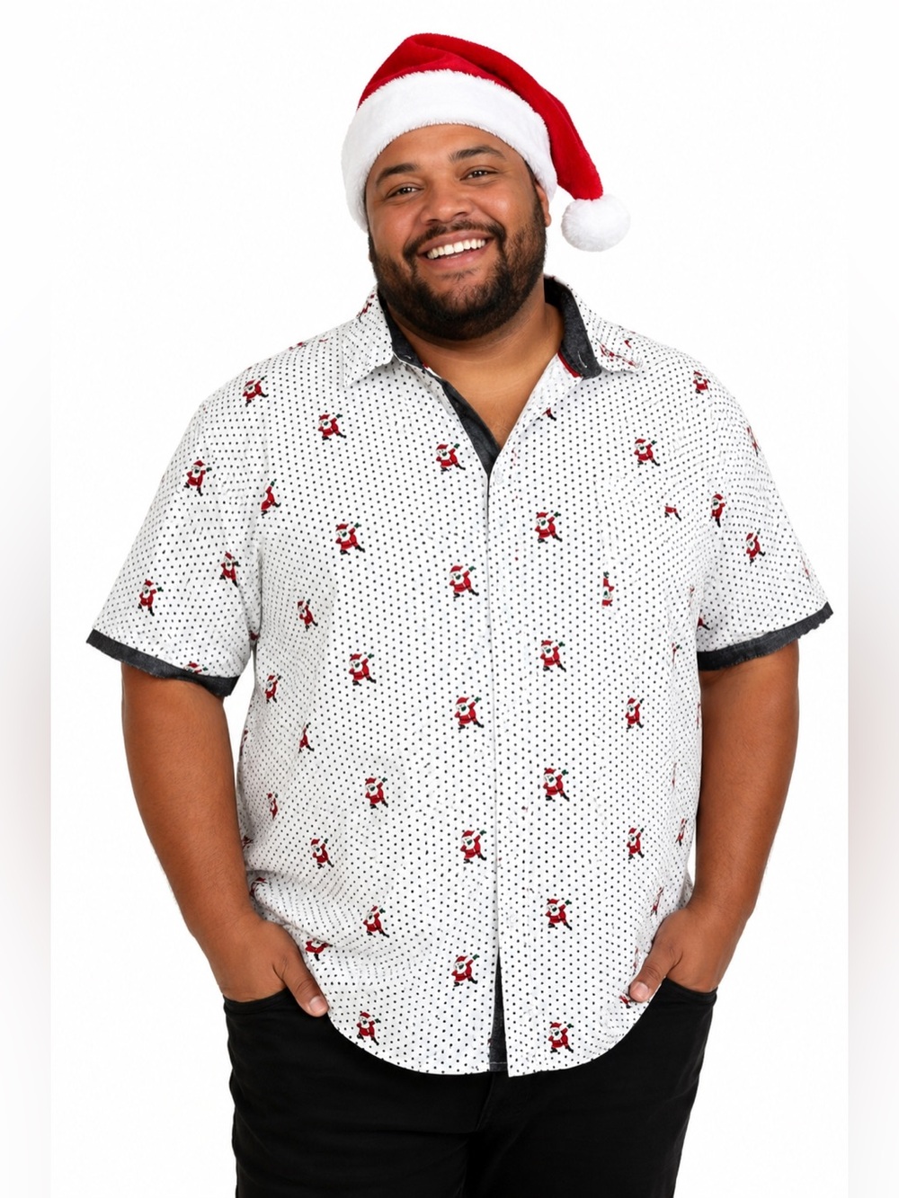 Free Planet Men’s Christmas Santa Short Sleeve Button up Top in White Sz 4XL